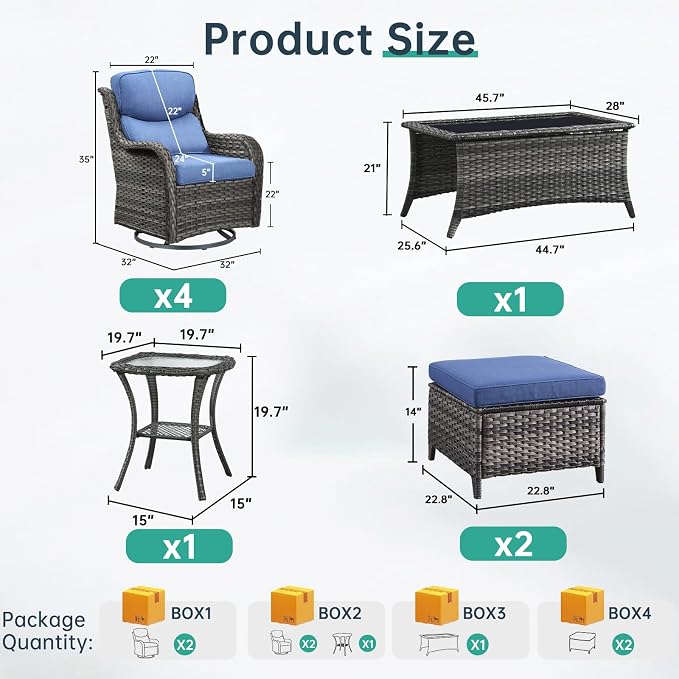Outdoor Swivel Rocker Patio Chairs Set of 4 with Ottoman Coffee Table - 5" Thick Cushion 8 Piece Furniture Set All Weather Comfortable Wicker Conversation Set for Porch Deck - Gray/Blue