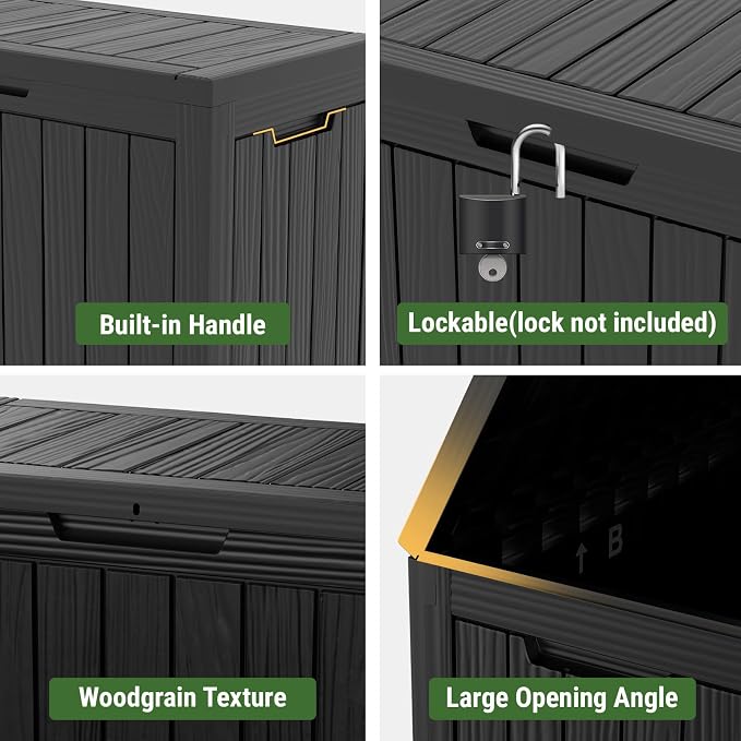 Mars Villa 45 Gallon Deck Box, Resin Outside Storage Box Waterproof for Patio Furniture Pillows, Pool Supplies, Gardening Tools, Indoor and Outdoor, Weatherproof and UV Resistant, Black