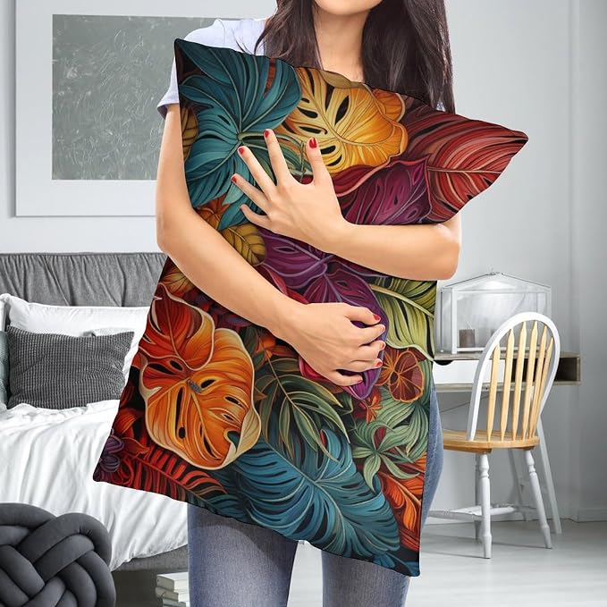 Cushion Case Tropical Flower Printed with Colorful Leaves Rectangle Pillow Covers 20"x30" Tropical Plants Pillow Protectors with Zipper Standard Size Zipper Pillowcase for Sofa Home Decor