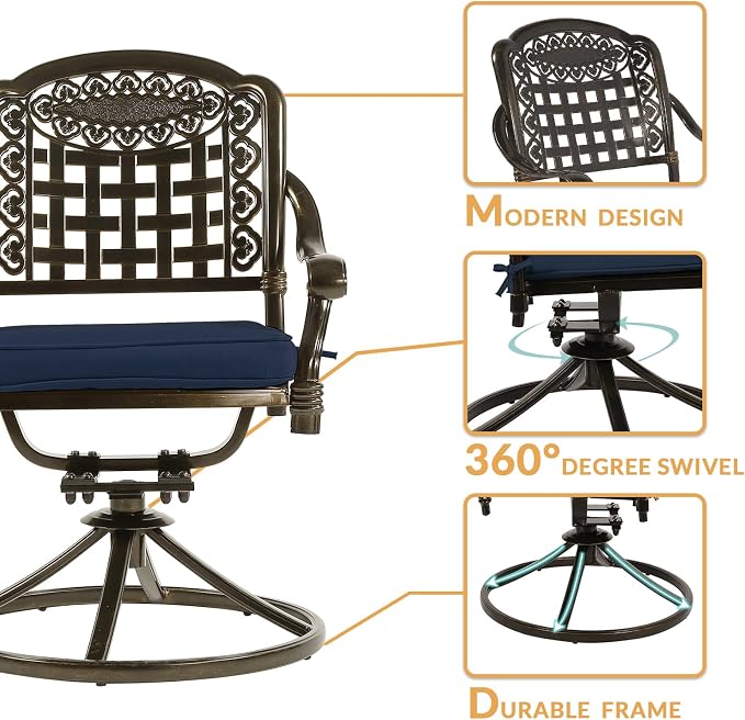 7-Piece Outdoor Patio Dining Set, 60” Rectangular Cast Aluminum Dining Table with Umbrella Hole and 6 Cushioned Swivel Rocker Chairs, Patio Funiture Set for Backyard, Patio, Garden, Navy