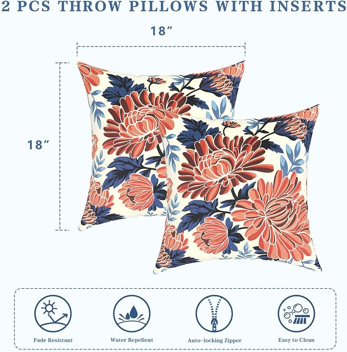 LVTXIII 2 Pack Outdoor Pillows 18x18 Inch, Square Throw Pillows with Inserts, Decorative Water-Repellent Pillow Cushions for Patio Furniture and Garden Sofa, Vibrant Blossom