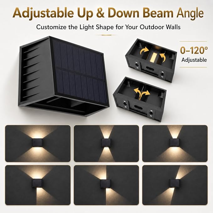T-SUN Solar Wall Lights Outdoor 6 Pack, 3000K Up Down Solar Wall Sconce | IP65 Waterproof Decorative Accent Lights for Front Porch, Garage Wall, Back Patio, Fence Corner, Pathway Entry