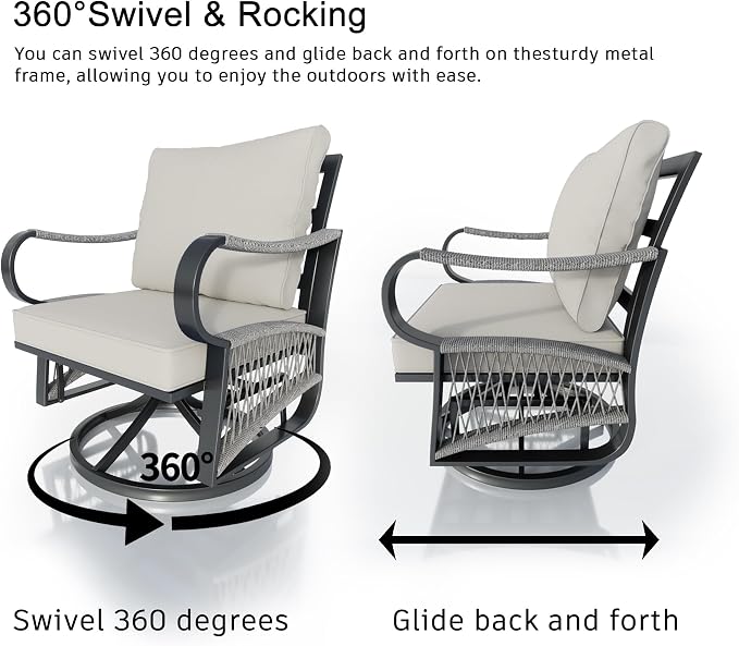 9 Pieces Outdoor Patio Conversation Sets, Outdoor Furniture Set Metal 3-Seater 2 Swivel Rockers with Side Table 2 Single Chairs 1 Loveseat with Coffee Table and Fire Pit Table, Beige