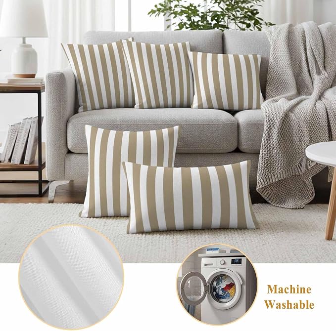 Beige Striped Outdoor Waterproof Throw Pillow Covers 18x18 Set of 2, Modern Farmhouse Beige White Stripes Decorative Pillowcases Cushion Pillowcase for Couch Sofa Patio Outside Pillow Protector