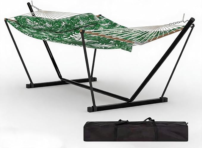 2-Person Double Hammock with Adjustable Steel Stand and Pillow, Durable Portable Outdoor Hammock Set, Supports Up to 450LBS for Patio, Garden, Beach, Backyard