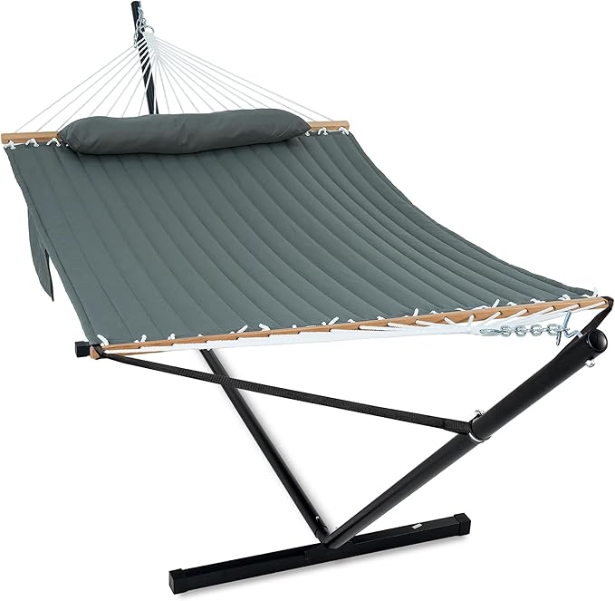 GAFETE 2 Person Hammock with Stand for Outside, Heavy Duty Steel Stand, Double 55inch Hammocks, Large Removable Pillow, Storage Bags, Max 475 lbs Capacity (Mist Green)