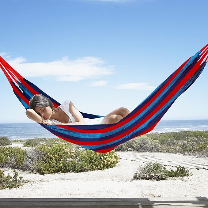 Gold Armour Brazilian Style Hammock with Tree Straps for Hanging - Durable Portable Single/Double Hammock for Camping, Outdoor, Indoor, Patio, Backyard (Blue & Red Stripe)