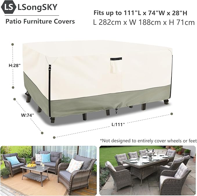 Outdoor Furniture Covers Waterproof,600D Heavy Duty Outdoor Dining Table and Chairs General Purpose Furniture Cover,Patio Furniture Covers 111L x 74W x 28H inch Beige