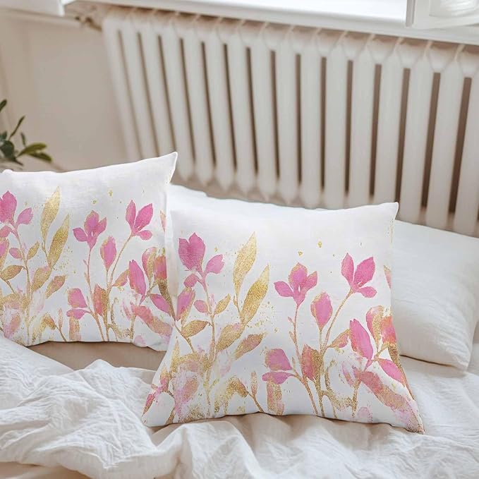 Vandarllin Outdoor Throw Pillows Covers 24x24 inch Set of 2 Waterproof Pink Yellow Flowers Decorative Zippered Cushion Covers for Patio Furniture, Wildflowers Lumbar Pillowcases
