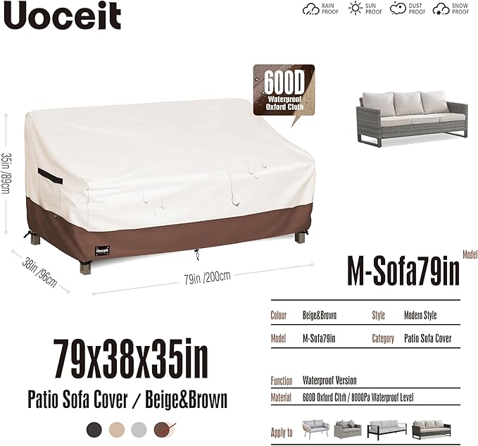 3-Seater Outdoor Couch Cover, 79Wx38Dx35H inches Outdoor Furniture Covers Waterproof，100% Waterproof Heavy Duty Patio Furniture Covers,Beige&Brown Modern Style Outdoor Sofa Cover.