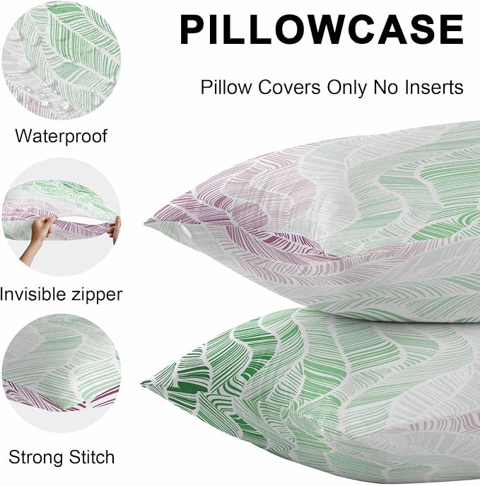 Vandarllin Outdoor Throw Pillows Covers 20x12 inch Set of 2 Waterproof Summer Beach Decorative Zippered Cushion Covers for Patio Furniture, Ombre Green Abstract Leaf Lines Lumbar Pillowcases