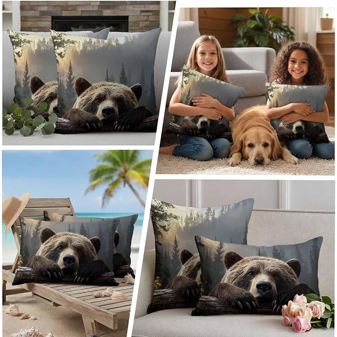 Bear Outdoor Pillow Covers 20"x20" Set of 2, Animal Wood Fence Forest Farmhouse Waterproof Throw Pillow Covers for Patio Furniture, Decorative Cushion Covers for Porch