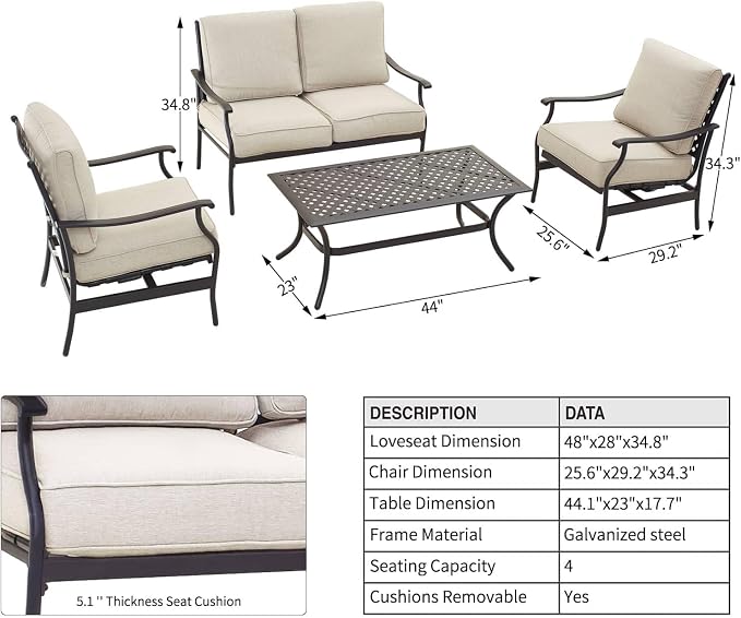 Patio Conversation Set 4 Pieces Cushioned Metal Outdoor Furniture Sets with All Weather Frame for Porch Backyard Lawn (Beige)