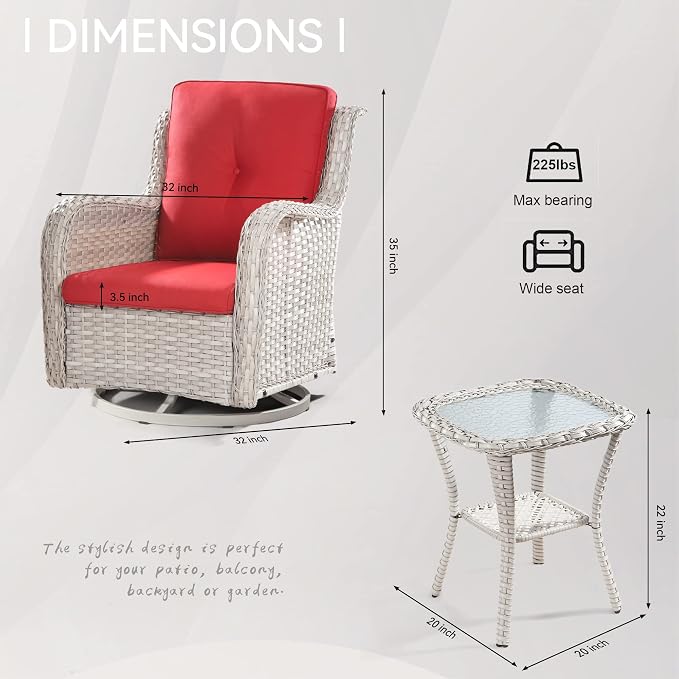 Joyside Outdoor Swivel Rocker Patio Chairs Set of 2 and Matching Side Table - 3 Piece Wicker Patio Bistro Set with Premium & Soft Fabric Cushions(Light Grey/Red)