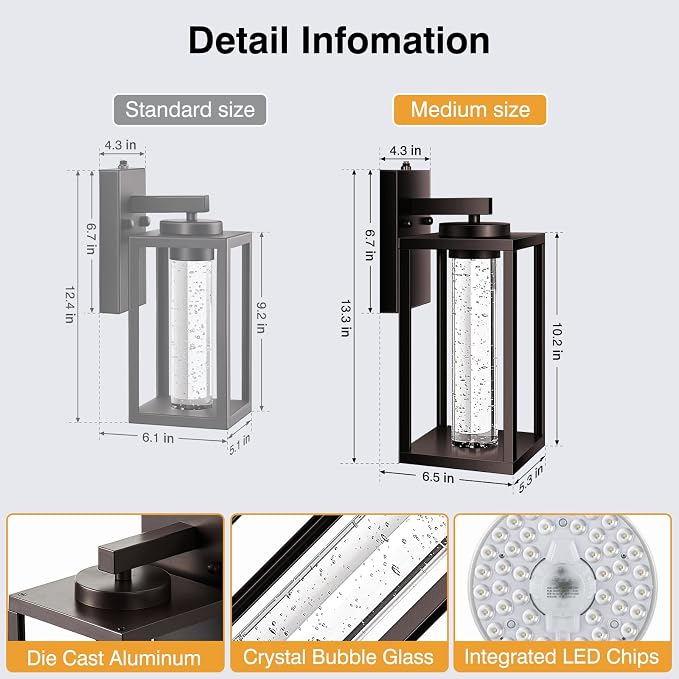 VIANIS Large Oil Rubbed Bronze Exterior Lighting Fixtures Wall Mount for House, Farmhouse Built-in LED Outdoor Wall Lantern, 100% Aluminum Waterproof Dusk to Dawn Exterior Sconce Lights for Garage