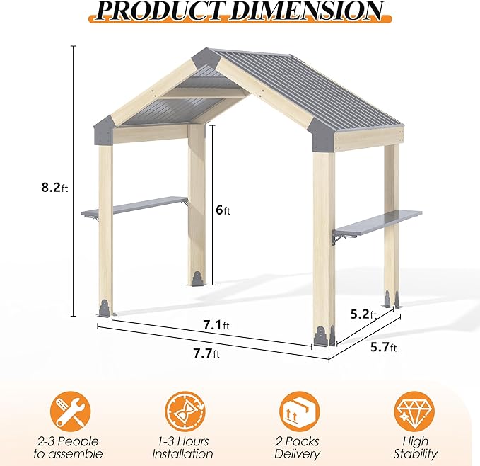 GARTOO 7.7'x5.7' Outdoor Grill Wood Gazebo - Hardtop Gazebo with 2 Side Shelves, Solar Light and Galvanized Steel Roof, Patio Wooden BBQ Pergola for Garden, Porch and Backyard