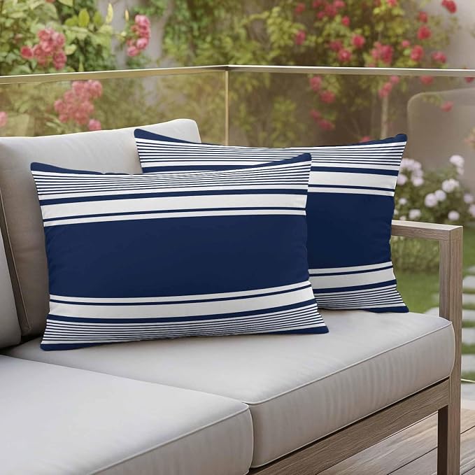 Outdoor Waterproof Throw Pillow Covers, Navy Blue Striped Decorative Pillow Cases, Modern Color Block Farmhouse Stripes Couch Pillow Protector Patio Sofa Cushion Covers Replacement 20"x12" 2 Pack