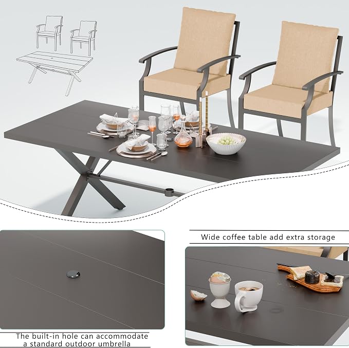 7 Piece Outdoor Dining Set for 6, Metal Patio Table and Chairs with Cushions, Patio Furniture Set with 6 Stackable Chairs, Rectangular Patio Dining Table with Umbrella Hole, Lawn Deck, Yard-Sand