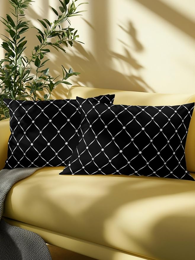 Vandarllin Waterproof Outdoor Pillow 1 Pack Black Grid Plaid Decorative Throw Pillows Cover & Insert 20x12 Inch Lumbar Pillowcase Diagonally Crossed Lines Pillows for Couch Sofa Bed Patio Furniture