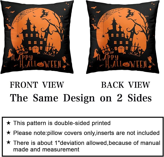 Happy Halloween Pillow Covers 18x18 Set of 2 Witch Castle Spider Web Decorative Pillows Covers Orange and Black Pillow Covers Halloween Decoration for Living Room Sofa