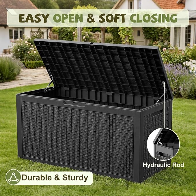 150 Gallon Outdoor Storage Box, Large Resin Deck Box Waterproof, Lockable Toy Storage Container, Storage Bins with Lids for Patio furniture, Garden Tool Box, Black