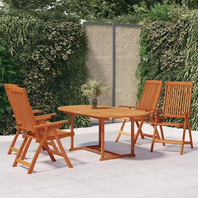 5-Piece Eucalyptus Wood Outdoor Dining Set with Extendable Table | Features 4 reclinable folding chairs and a space-saving rectangular table, ideal for backyard and patio family meals.