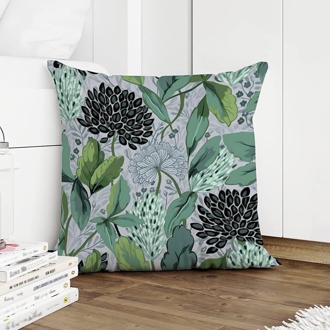 Chinoiserie Floral Outdoor Throw Pillow Covers Green Black Lotus Flower Waterproof Throw Pillowcase 20x20 in Modern Accent Throw Pillow Covers for Patio Furniture Tent Garden