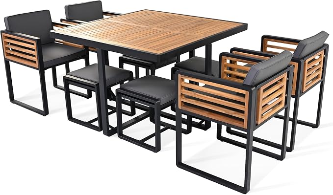 9-Piece Outdoor Patio Acacia Wood Dining Table Set, Square Table with 4 Cushioned Chairs& 4 Stools, All-Weather Resistant Conversation Set with Metal Frame, Space-Saving Design for 8 (Gray-1.8)