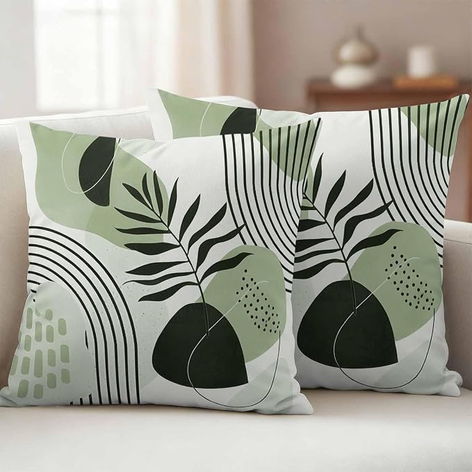 Sage Green Bohemian Outdoor Pillow Covers Set of 2 Abstract Geometric Black Lines Leaves Waterproof Throw Pillow Cover Decorative Cushion Cases for Patio Porch Garden 20X20 Inch