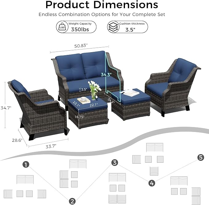 Outdoor Patio Furniture Set, 5 Piece Wicker Patio Furniture with Thick Cushions, Curved Armrest, Deep Seating, Rattan Outdoor Chairs for Porch, Deck, Balcony