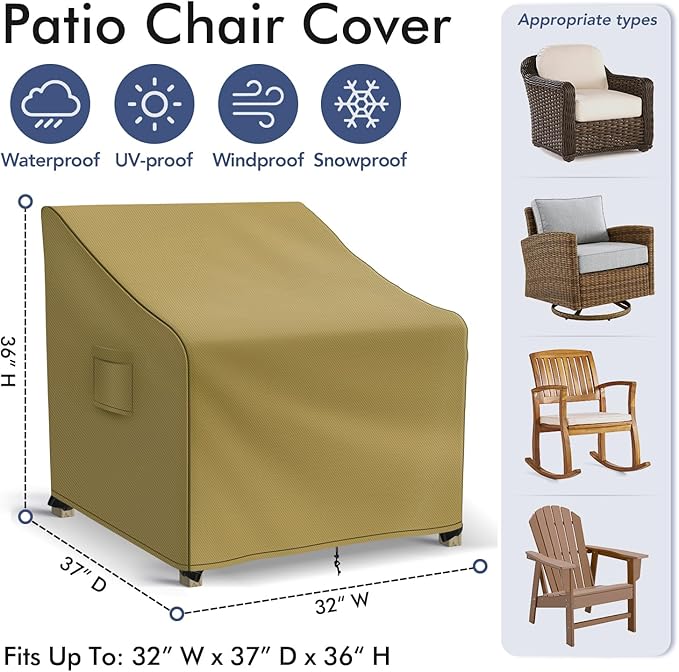 Richwon Adirondack Chair Covers Waterproof, Lawn Outdoor Chair Covers 2 Pack, Patio Chair Covers for Outdoor Furniture Fits up to 32W x 37D x 36H inches, Khaki