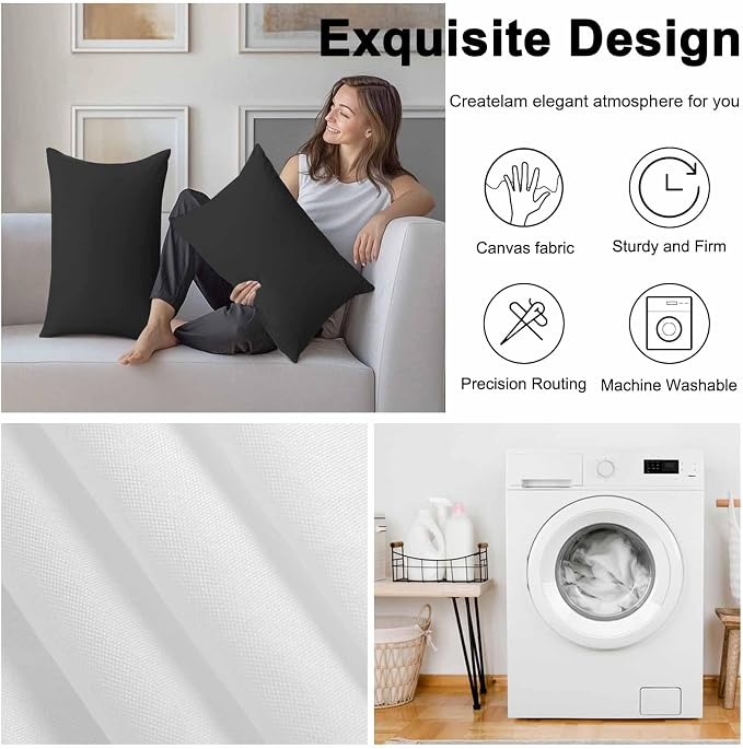 Lumbar Pillow Covers 20x12 Inch Set of 2, Black Pure Color Waterproof Outdoor Pillow Covers, Aesthetics Contemporary Luxury Decorative Cushion Pillowcases for Couch, Sofa, Bed, Garden, Patio