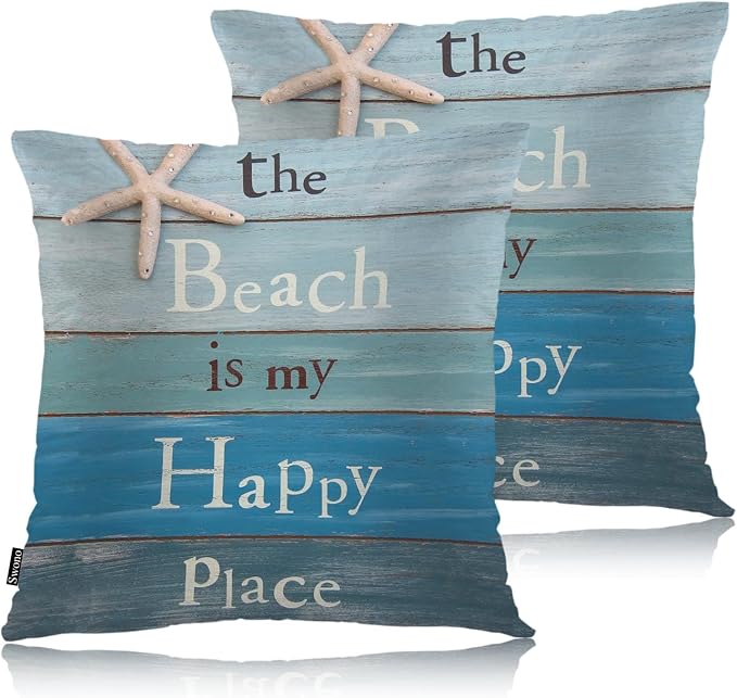 Swono Decorative Square Pillow Covers 18x18 Inch Beach, The Beach is My Happy Place Wooden Quote Polyester Pillow Case Set of 2, Soft Cushion Cover Pillowcases for Home Bedroom Couch Sofa Armchair