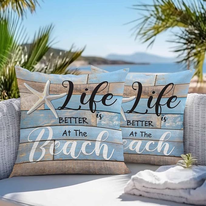 Summer Outdoor Pillow Covers Set of 2,Ocean Life Texts Starfish Decorative Waterproof Throw Pillow Case,Retro Blue Wood Plank Cushion Pillowcases for Couch Garden Patio Beach,16x16In