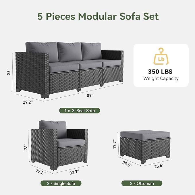 Aoxun 1 Piece 3-Seats Sofa Patio Furniture Set, Wicker Outdoor Furniture Conversation Set with 4" Thick Cushions for Deck Yard and Poolside Grey