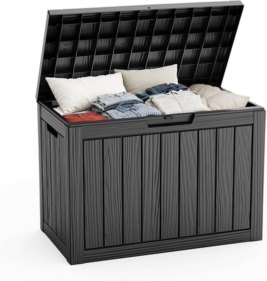 45 Gallon Deck Box, Waterproof Resin Outdoor Storage Box Lockable for Patio Furniture, Fade Resistant Patio Side Table & Organizer for Garden Tools, Pool Floats, Outdoor Cushions, Black