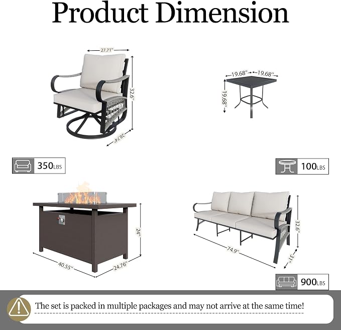 5-Piece Outdoor Furniture Set, Metal Swivel Rocking Chairs with All-Weather Cushions, Rope Patio Conversation Set with Fire Pit Table for Deck, Porch, Garden, Backyard, Poolside (Beige Cushion)