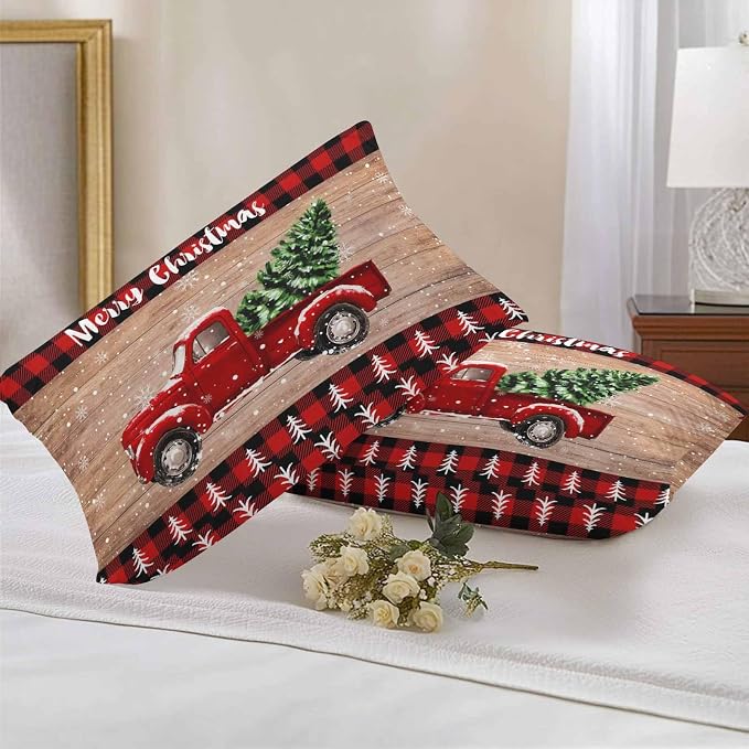 YOKOU Outdoor Throw Pillow Covers, Merry Christmas Truck Tree Vintage Board Wood Grain Buffalo Check Waterproof Pillowcases Cushion Covers Cases for Patio Couch Bench, Pack of 2 Rectangle, 20"X12"