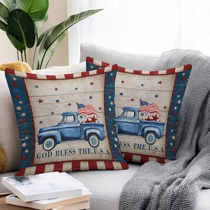 Patriotic Waterproof Pillow Covers for Couch Throw Pillow Cases Set of 2, Independence Day Blue Truck USA Flag Stars Decorative Cushion Pillow Covers 18x18In,Indoor Outdoor Decor Retro Wood Grain