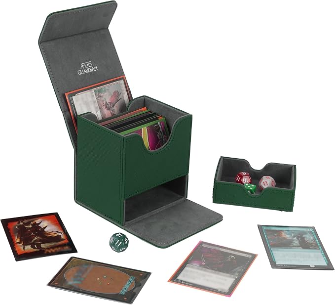 AEGIS GUARDIAN Card Deck Box with Dice Tray for MTG Cards, Commander Deck Box fit 150+ Sleeved Cards, PU Leather Card Storage Box Strong Magnet Deck Game Case for TCG CCG, Green