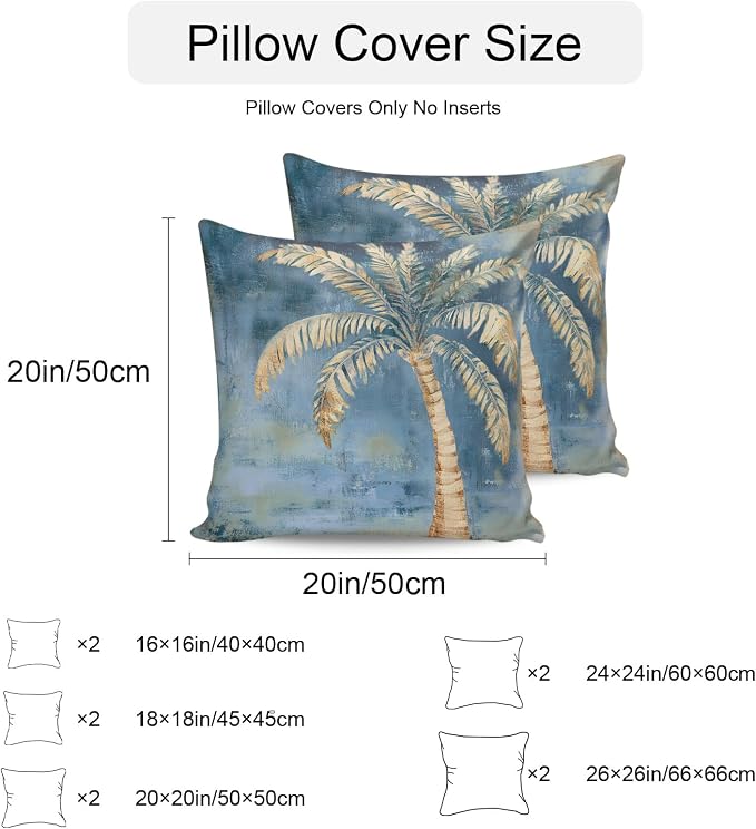 Coastal Beach Tree Blue Brown Outdoor Waterproof Pillow Covers, Vintage Summer Palm Tree Decorative Square Throw Pillowcase, Tropical Botanical Sofa Cushion Sham for Patio/Couch/Chair, 20"x20" 2 Pack