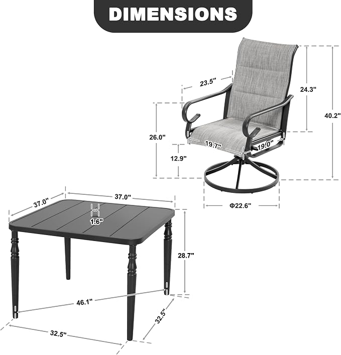 NUU GARDEN Outdoor Dining Set with Umbrella Hole, 5-Piece Patio Furniture Set with Slatted Table and 4 Swivel Padded Textilene Chairs, All-Weather Patio Dining Set, Light Gray