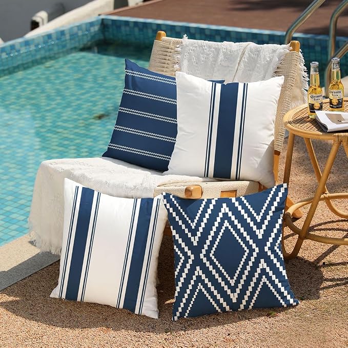 DFXSZ Outdoor Navy Blue Waterproof Geometry Pillow Covers 16x16 Set of 4 | Spring Summer Waterproof Modern Throw Pillowcases（No Inserts） Outdoor Decor for Patio Funiture Garden Polyester Covers