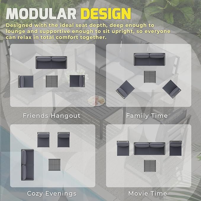 AECOJOY Aluminum Patio Sectional Sofa Set with Coffee Table, 4-Seat | Outdoor Conversation Set, Porch & Deck Use, Includes Central Table, Sectional Couch