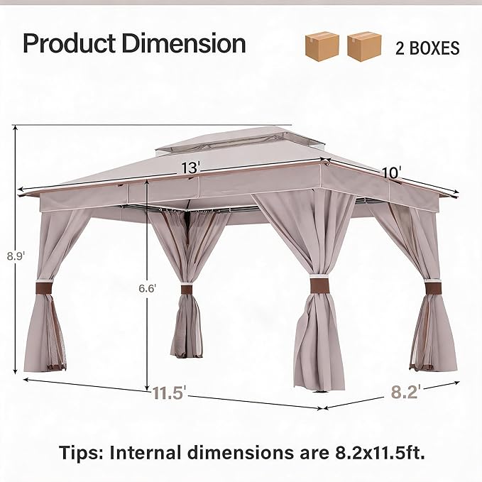LAUSAINT HOME 10'x13' Outdoor Gazebo, Metal Frame Heavy Duty Patio Canopy Tent Shelter with Double Roofs, Mosquito Nettings and Privacy Screens for Backyard, Garden, Lawn, Classic Khaki
