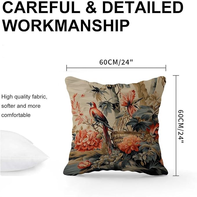 Moore Manor Antique Chinoiserie Pillowcase Vintage Boats and Flowers Cushion Cover 24x24 INClassic Accent Decorative Cushion Covers Home Decor for Living Bed Room Patio Home