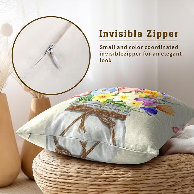 Spring Floral Pillow Covers 16x16, 2Pcs Set Easter Colorful Wildflowers Leaves Mason Jar Nature Seasonal Pillow Cases Soft Cotton Square Cushion Cover for Couch Bed Sofa Home Decor