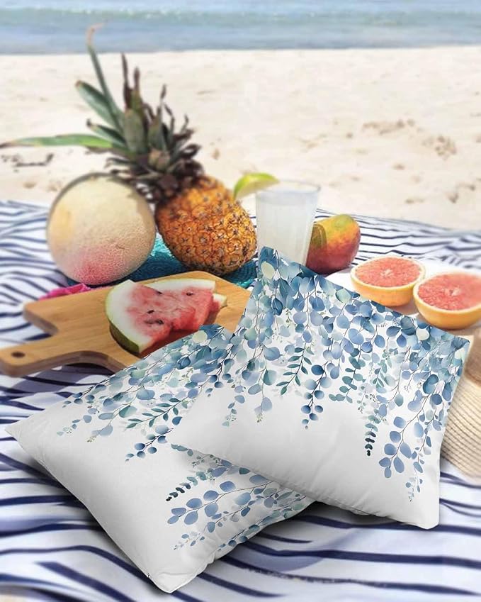 Outdoor Waterproof Pillow Covers Blue Eucalyptus Leaves Set of 2 Decorative Outdoor Pillowcases Watercolor Plant Leaf Cushion Cases for Patio Funiture Garden Couch Bench 16 x 16 Inches