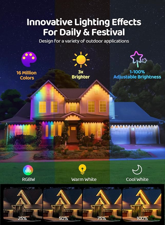 Gaoxun 50ft Permanent Outdoor Lights, RGBW Smart Outside Lights with 30 LED, APP/Remote Control, Dimmable, 47 Scene Modes, Timer, IP67 Waterproof Eaves Lighting for Daily Holiday Christmas Decorations