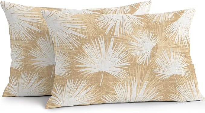Lumbar Pillow Covers 20x12 Inch Set of 2, Beige Palm Leaves Coastal Waterproof Outdoor Pillow Covers, Summer Tropical Botanical Boho Decorative Cushion Pillowcases for Couch, Sofa, Bed, Garden, Patio
